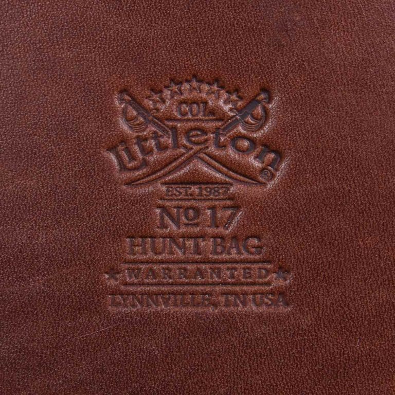 No. 17 Hunt Bag ladies' crossbody in dark Tobacco Brown American Buffalo and trimmed with American Alligator and Vintage Brown American Steerhide - detail view of Col. Littleton logo stamp