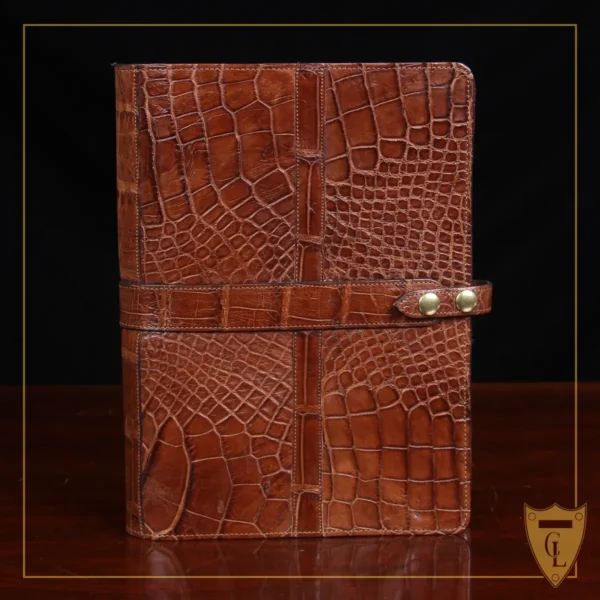 front view of brown american alligator leather portfolio on No. 2 Card Wallet in Vintage Brown American Alligator - ID 001 - front view on a black background