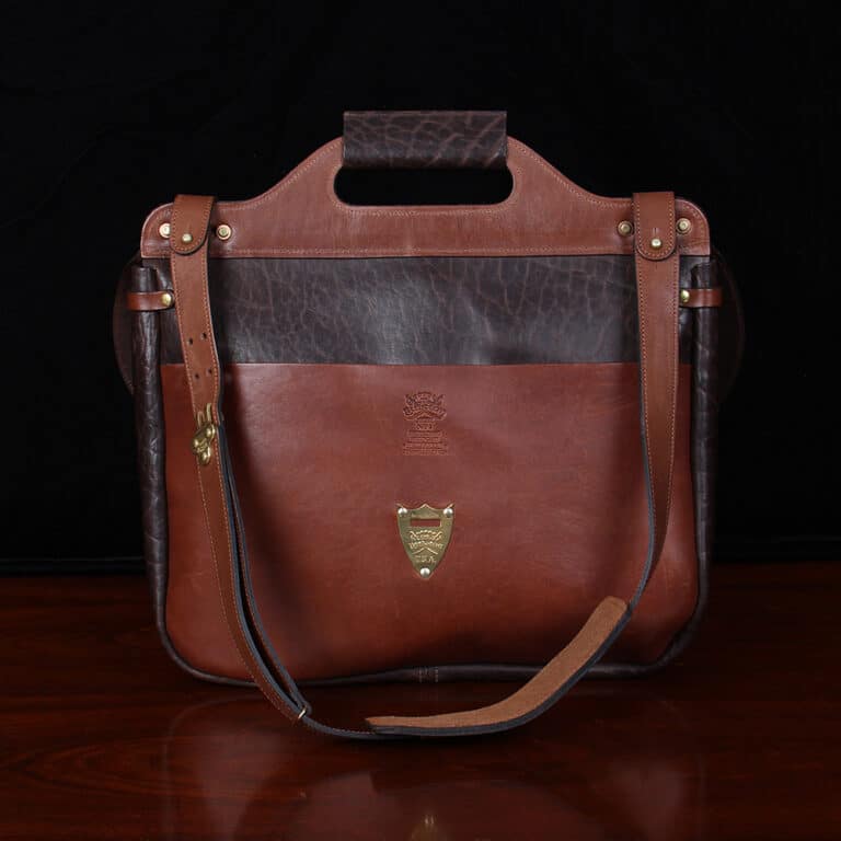 No. 1 Saddlebag Briefcase in dark Tobacco Brown American Buffalo trimmed with Vintage Brown American Steerhide and Alligator - serial number 004 - back view