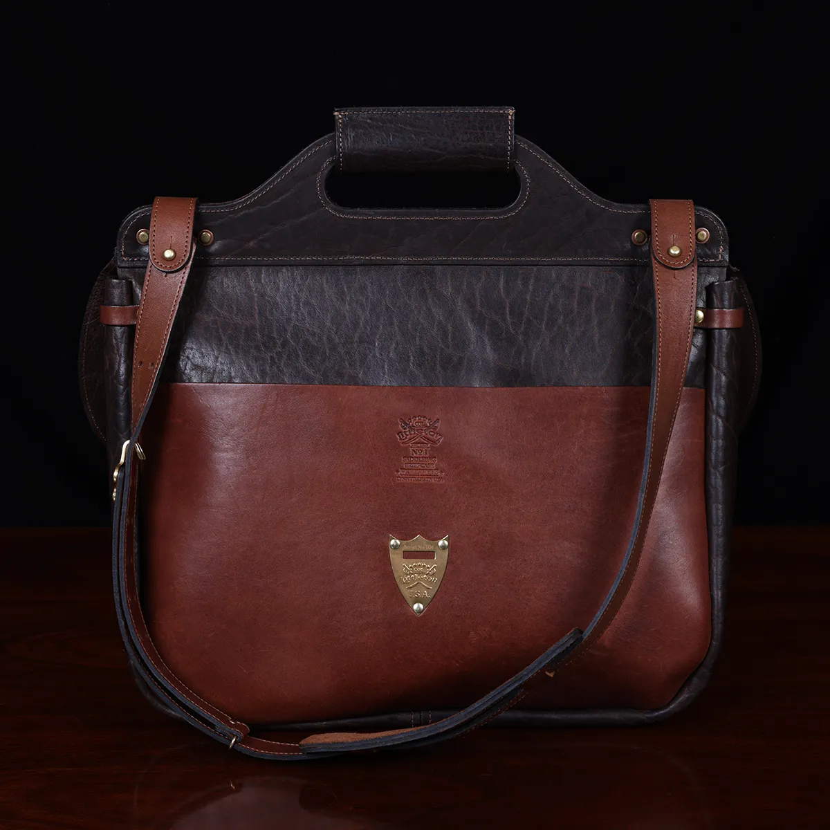 No. 1 Saddlebag Briefcase in dark Tobacco Brown American Buffalo trimmed with Alligator - serial number 004 - back view