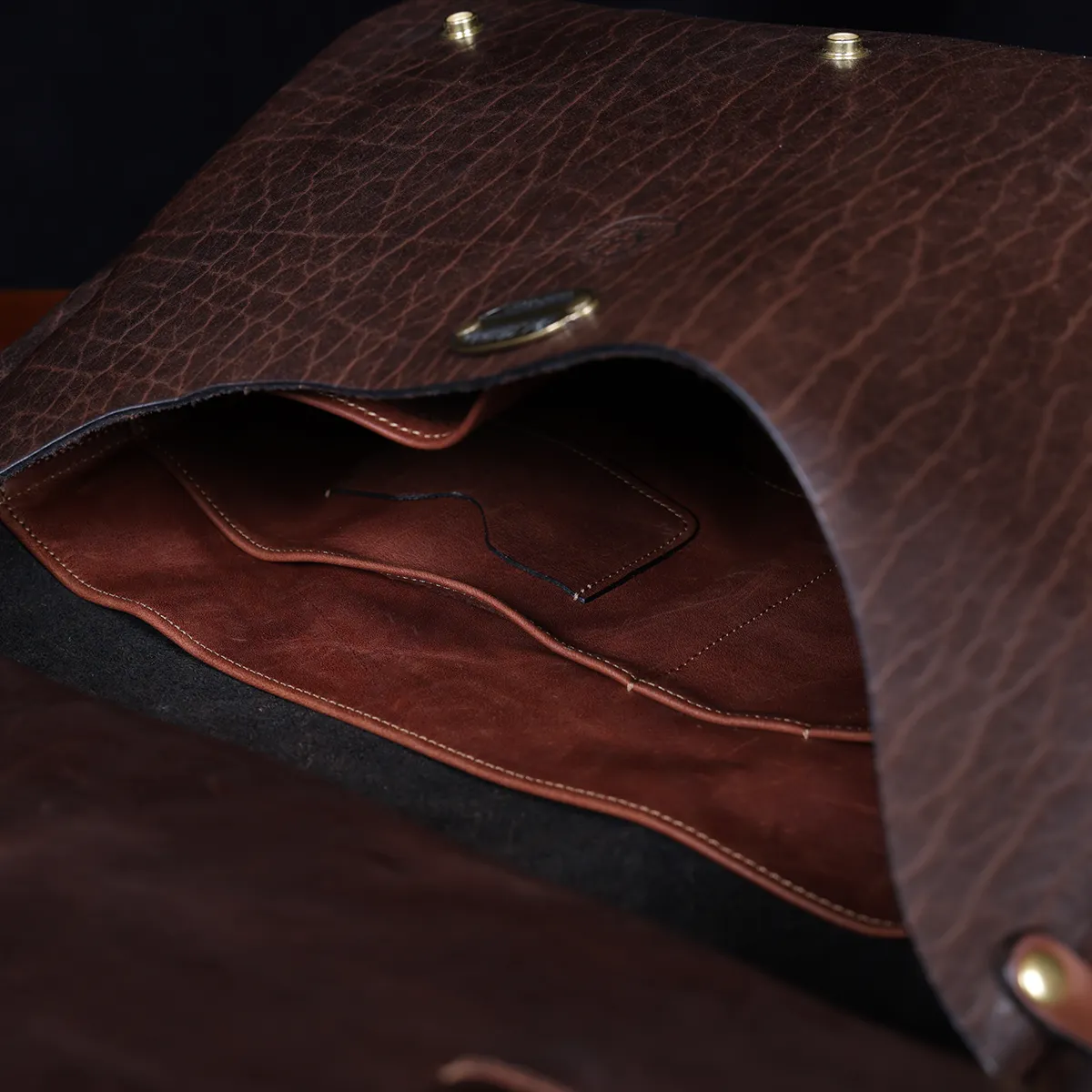 No. 1 Saddlebag Briefcase in dark Tobacco Brown American Buffalo trimmed with Alligator - serial number 004 - inside view