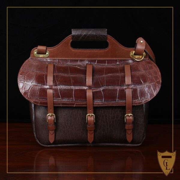 No. 1 Saddlebag Briefcase in dark Tobacco Brown American Buffalo trimmed with Vintage Brown American Steerhide and Alligator - serial number 004 - front view