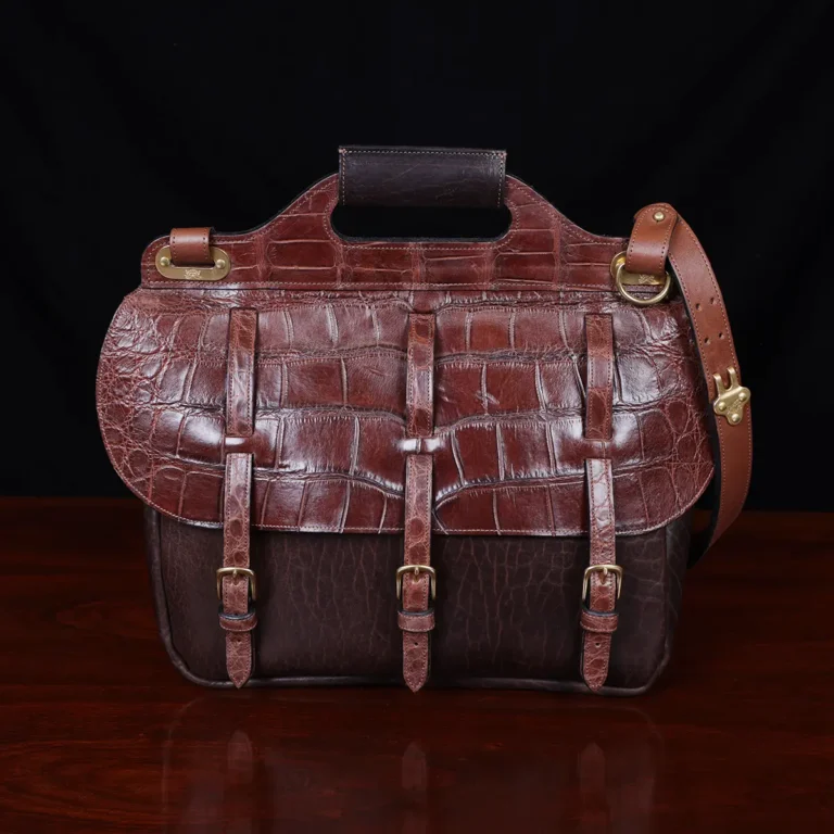 No. 1 Saddlebag Briefcase in dark Tobacco Brown American Buffalo trimmed with Alligator - serial number 004 - front view