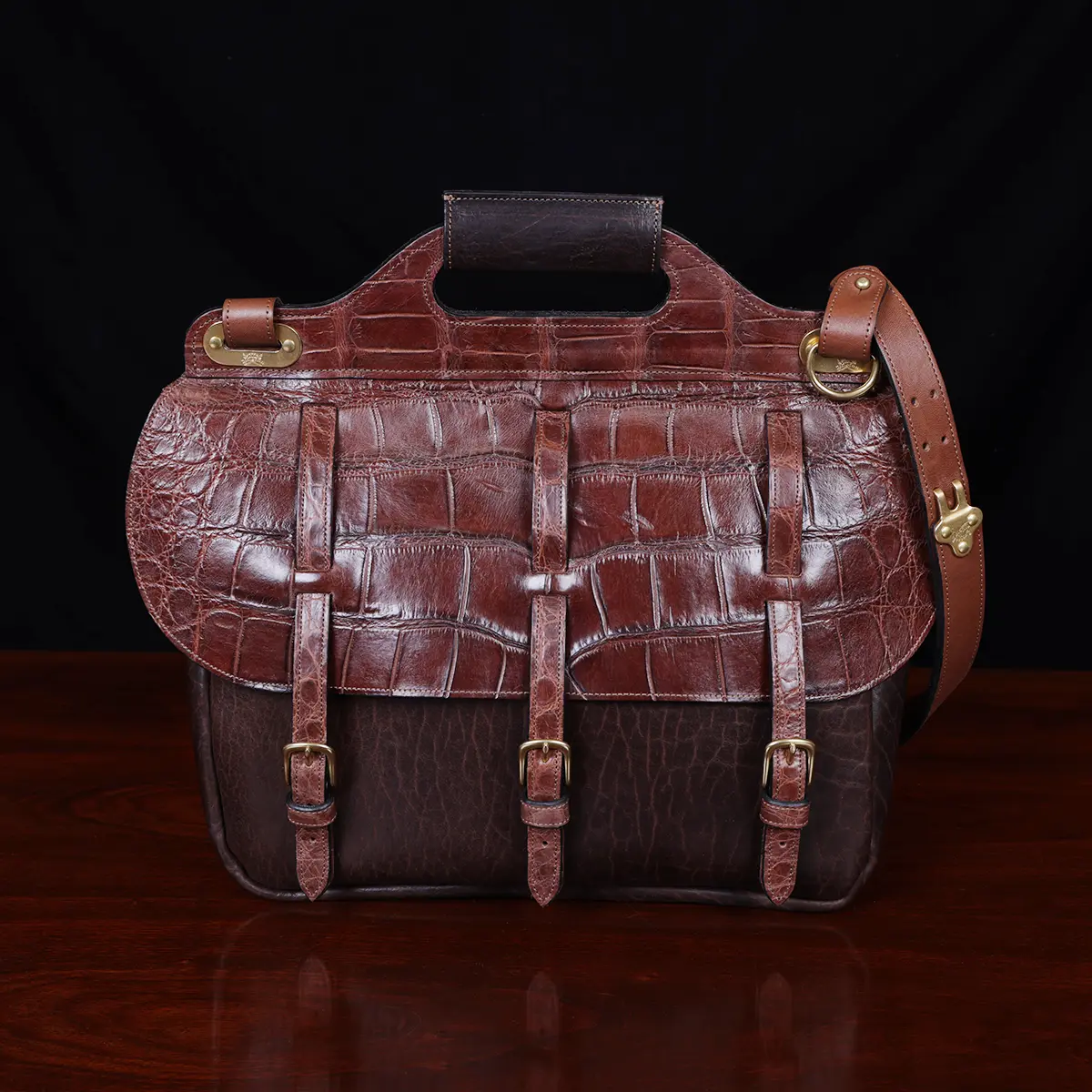 No. 1 Saddlebag Briefcase in dark Tobacco Brown American Buffalo trimmed with Alligator - serial number 004 - front view
