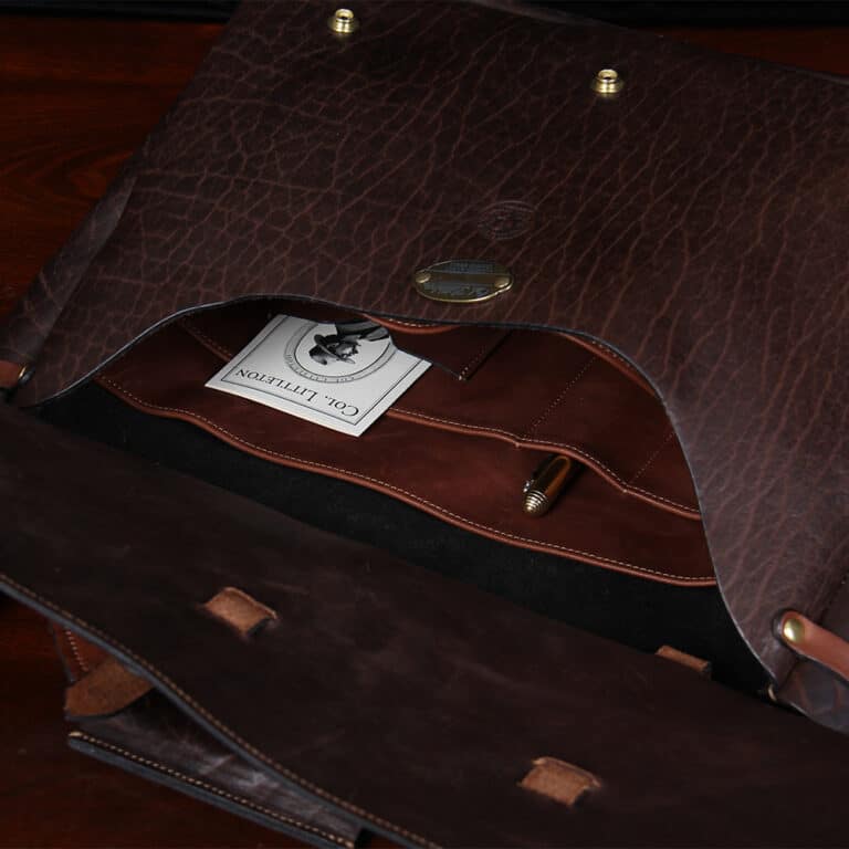 No. 1 Saddlebag Briefcase in dark Tobacco Brown American Buffalo trimmed with Vintage Brown American Steerhide and Alligator - serial number 004 - open view showing pockets and leather lining