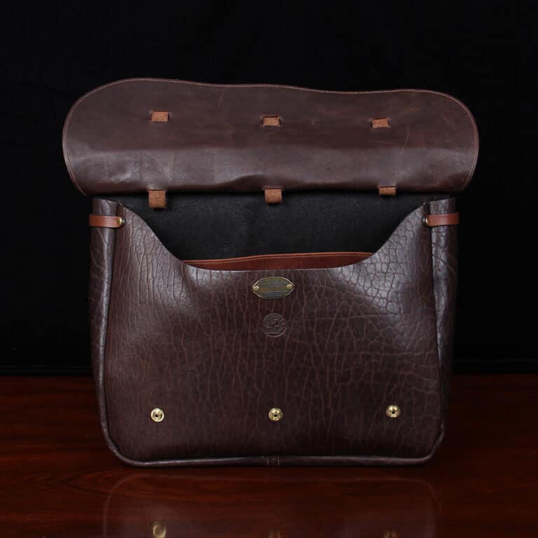 No. 1 Saddlebag Briefcase in dark Tobacco Brown American Buffalo trimmed with Vintage Brown American Steerhide and Alligator - serial number 004 - front view with open flap
