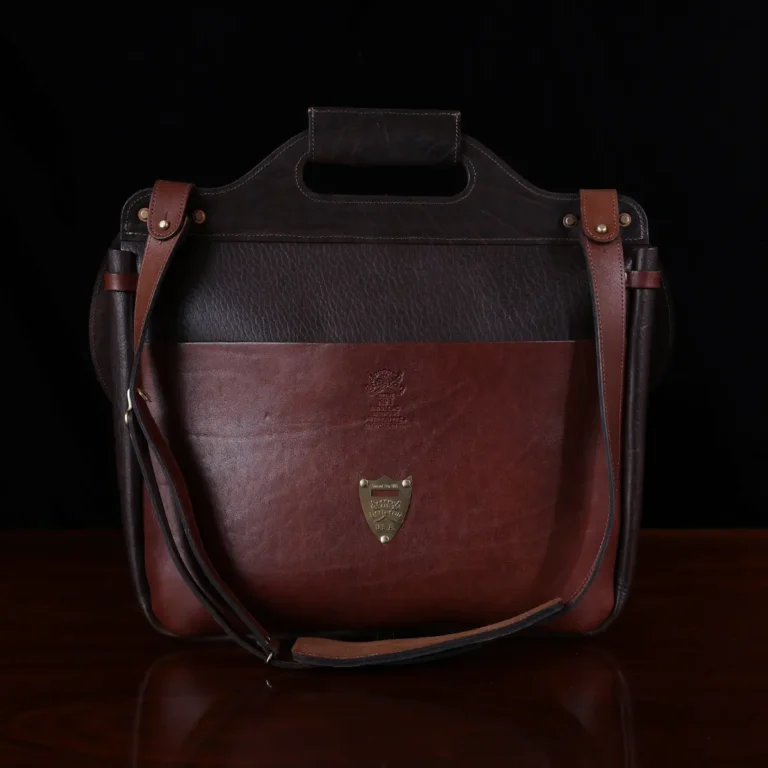 No. 1 Saddlebag Briefcase in dark Tobacco Brown American Buffalo trimmed with Alligator - serial number 005 - back view
