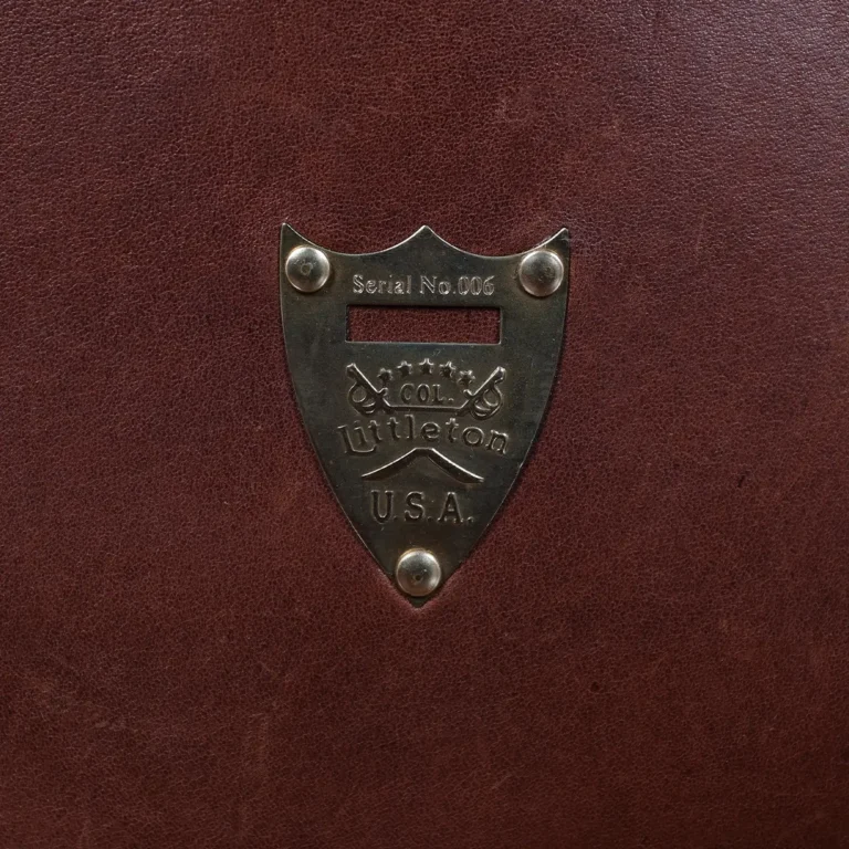 No. 1 Saddlebag Briefcase in dark Tobacco Brown American Buffalo trimmed with Alligator - serial number 006 - pommel shield