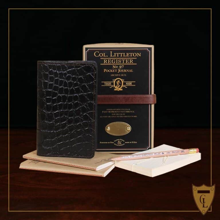 No. 27 Pocket Journal in Black American Alligator - ID 002 - front view, shown with journal register archive box, 2 journal register notebooks, a stack of cream index notecards, and a Col. Littleton wooden No. 2 pencil