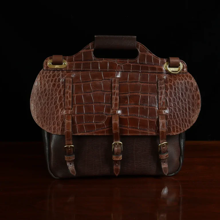 No. 1 Saddlebag Briefcase in dark Tobacco Brown American Buffalo trimmed with Alligator - serial number 007 - front view