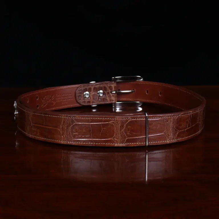 No. 4 Belt in brown American Alligator and silver buckle - ID 002 - back view on black background