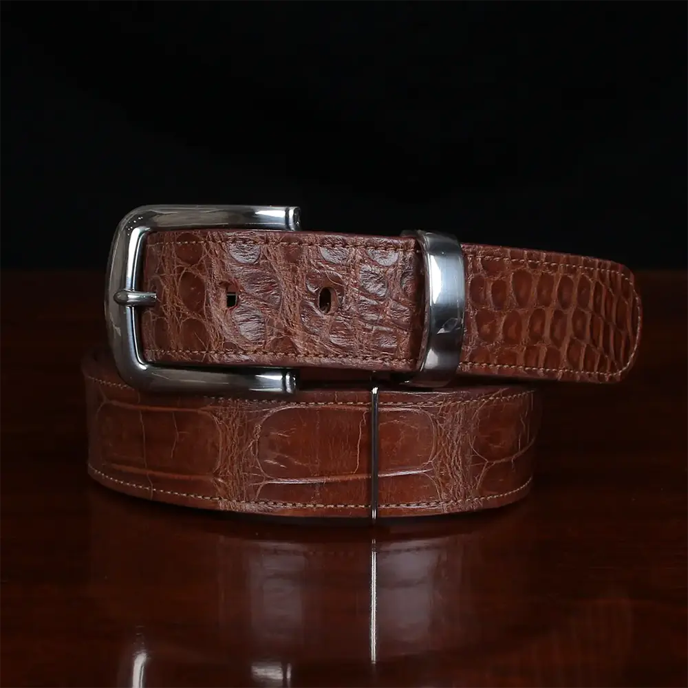 No. 4 Belt in brown American Alligator and silver buckle - ID 002 - front view on black background