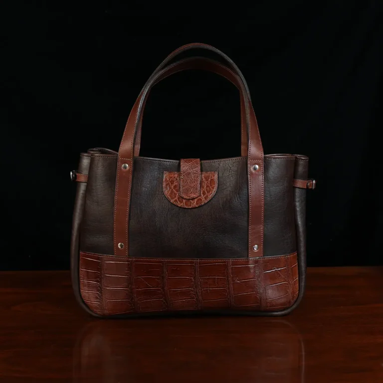 Leather Bentley Tote in dark Tobacco Brown American Buffalo trimmed with American Alligator and Vintage Brown Steerhide - back View on black background