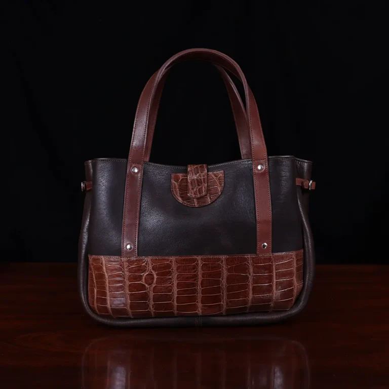 Leather Bentley Tote in dark Tobacco Brown American Buffalo trimmed with American Alligator and Vintage Brown Steerhide - back View on black background