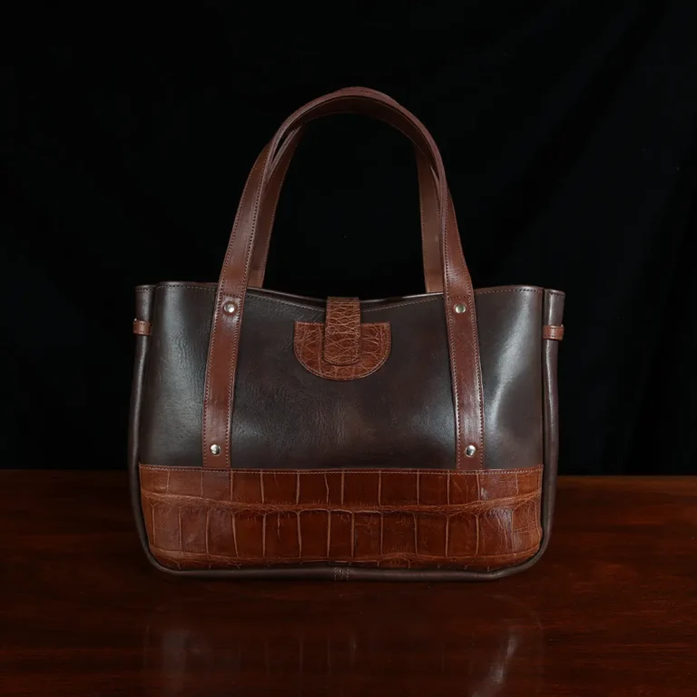 Leather Bentley Tote in dark Tobacco Brown American Buffalo trimmed with American Alligator and Vintage Brown Steerhide - back View on black background