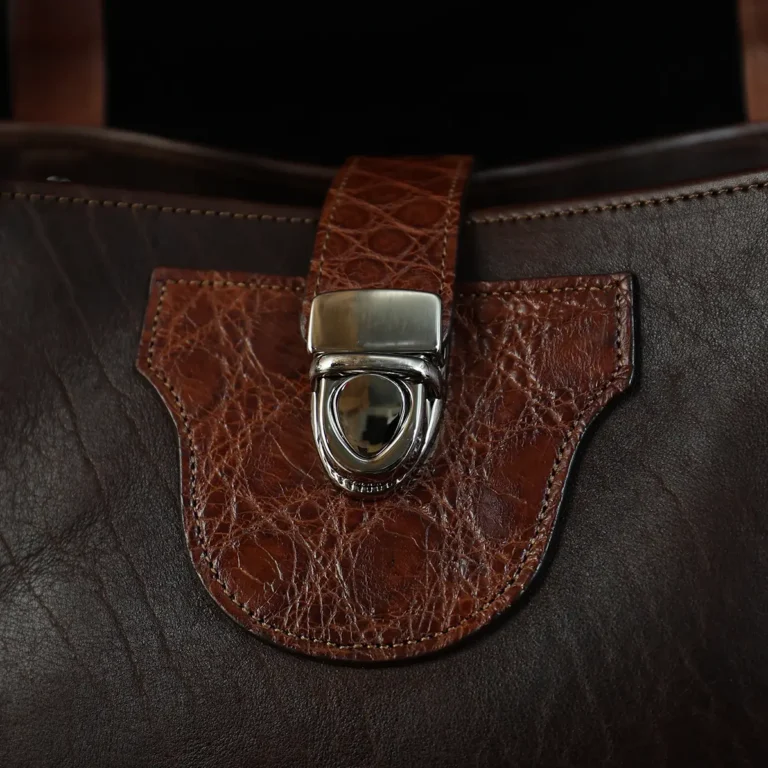 Leather Bentley Tote in dark Tobacco Brown American Buffalo trimmed with American Alligator and Vintage Brown Steerhide - Front close up View on black background