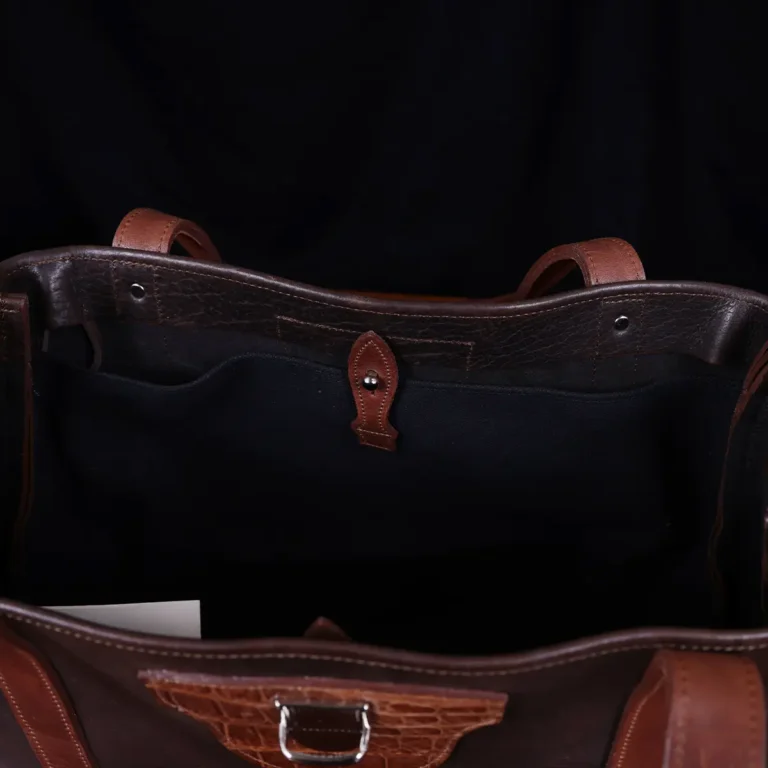 Leather Bentley Tote in dark Tobacco Brown American Buffalo trimmed with American Alligator and Vintage Brown Steerhide - inside View on black background