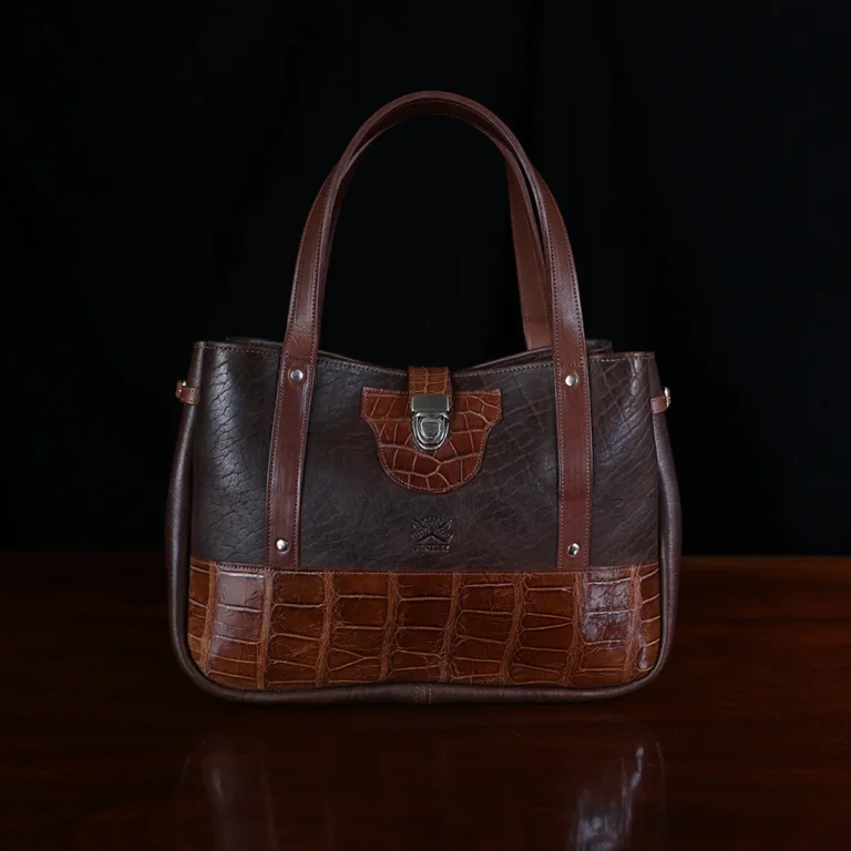 Leather Bentley Tote in dark Tobacco Brown American Buffalo trimmed with American Alligator and Vintage Brown Steerhide - Front View on black background