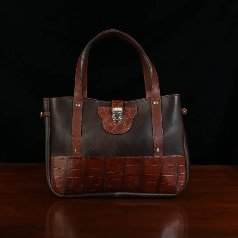 Leather Bentley Tote in dark Tobacco Brown American Buffalo trimmed with American Alligator and Vintage Brown Steerhide - Front View on black background
