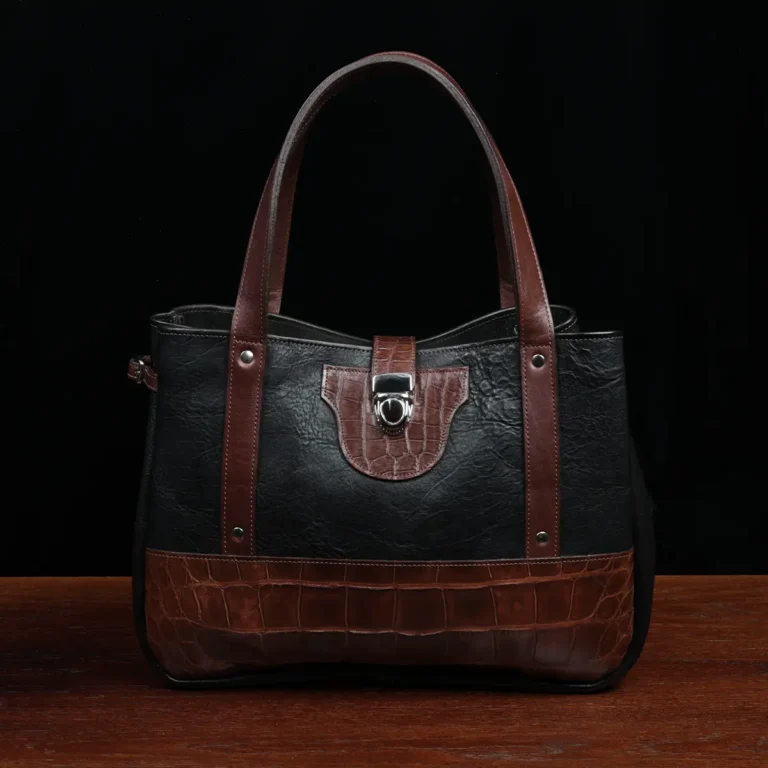 Leather Bentley Tote in dark Tobacco Brown American Buffalo trimmed with American Alligator and Vintage Brown Steerhide - Front View on black background