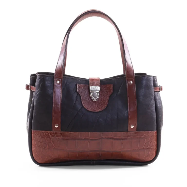 Leather Bentley Tote in dark Tobacco Brown American Buffalo trimmed with American Alligator and Vintage Brown Steerhide - front view