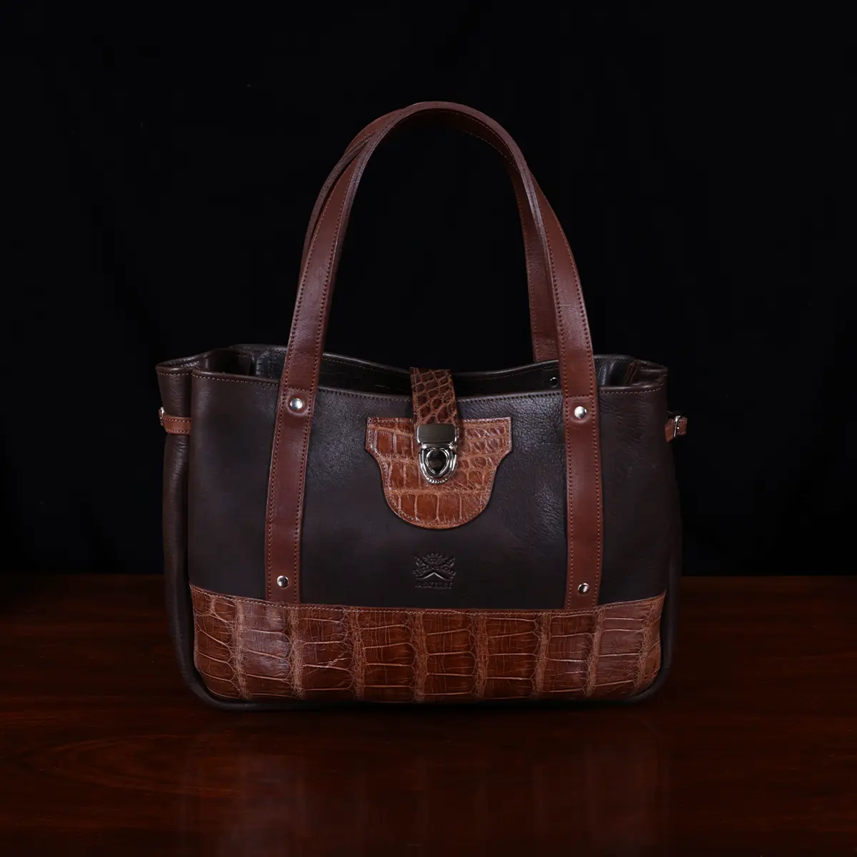 Leather Bentley Tote in dark Tobacco Brown American Buffalo trimmed with American Alligator and Vintage Brown Steerhide - Front View on black background