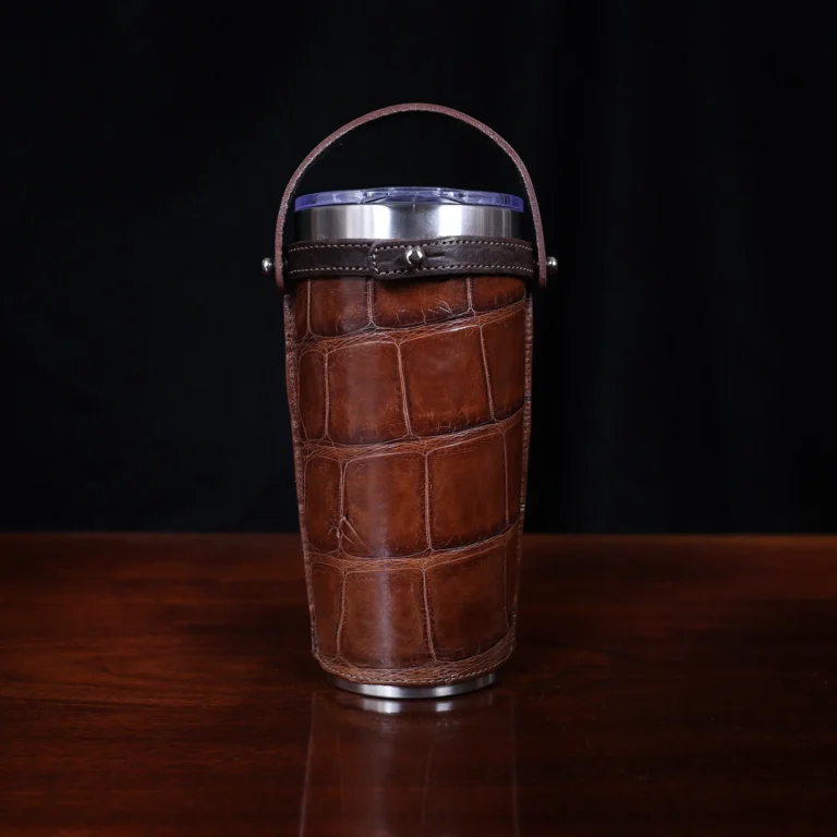 No. 20 Traveler Tumbler Sleeve Set in American Alligator with Tobacco Brown American Buffalo Trim - 20oz stainless steel tumbler - ID 002 - back view cut out on a black background