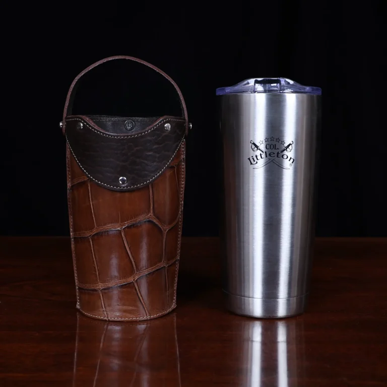 No. 20 Traveler Tumbler Sleeve Set in American Alligator with Tobacco Brown American Buffalo Trim - 20oz stainless steel tumbler - ID 002 - front view with cup cut out on a black background