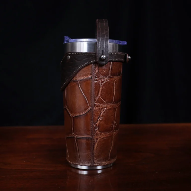 No. 20 Traveler Tumbler Sleeve Set in American Alligator with Tobacco Brown American Buffalo Trim - 20oz stainless steel tumbler - ID 002 - side view cut out on a black background