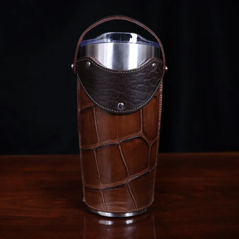 No. 20 Traveler Tumbler Sleeve Set in American Alligator with Tobacco Brown American Buffalo Trim - 20oz stainless steel tumbler - ID 002 - front view cut out on a black background