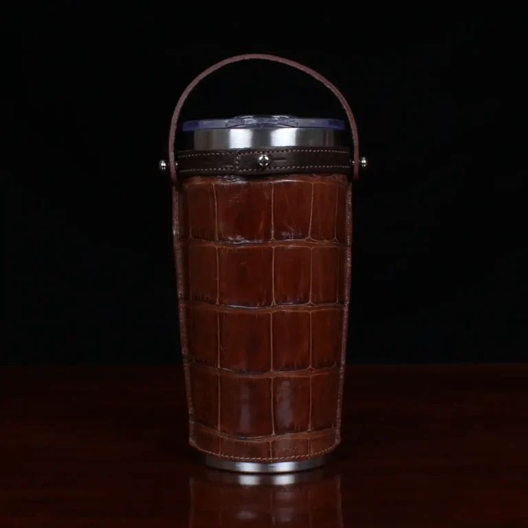 No. 20 Traveler Tumbler Sleeve Set in American Alligator with Tobacco Brown American Buffalo Trim - 20oz stainless steel tumbler - ID 002 - back view cut out on a black background