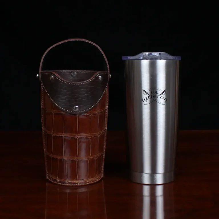 No. 20 Traveler Tumbler Sleeve Set in American Alligator with Tobacco Brown American Buffalo Trim - 20oz stainless steel tumbler - ID 002 - with cup cut out on a black background