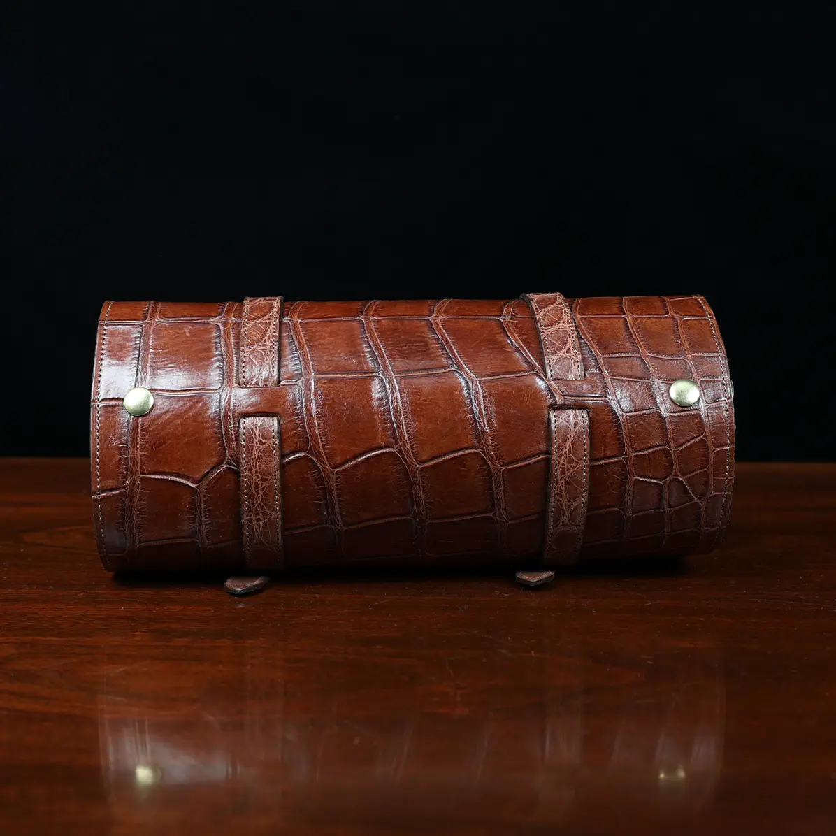 View larger image of CL - No. 2 Shave Dopp Kit in Vintage Brown American Alligator with No. 8 Khaki Cotton Canvas Lining - Serial Number 002 - back view on a wooden table