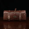 CL - No. 2 Shave Dopp Kit in Vintage Brown American Alligator with No. 8 Khaki Cotton Canvas Lining - Serial Number 002 - front view on a wooden table