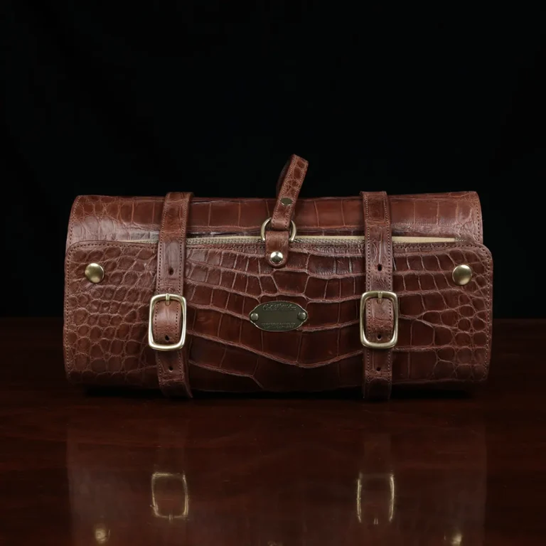 CL - No. 2 Shave Dopp Kit in Vintage Brown American Alligator with No. 8 Khaki Cotton Canvas Lining - Serial Number 002 - front view on a wooden table