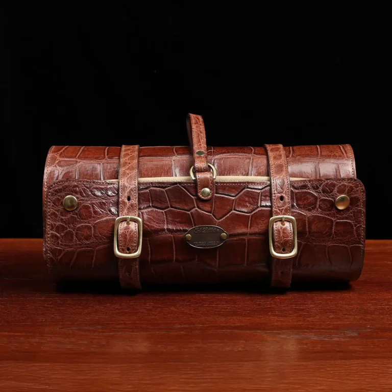 CL - No. 2 Shave Dopp Kit in Vintage Brown American Alligator with No. 8 Khaki Cotton Canvas Lining - Serial Number 002 - front view on a wooden table