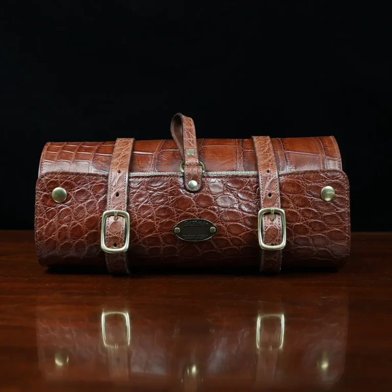 CL - No. 2 Shave Dopp Kit in Vintage Brown American Alligator with No. 8 Khaki Cotton Canvas Lining - Serial Number 002 - front view on a wooden table