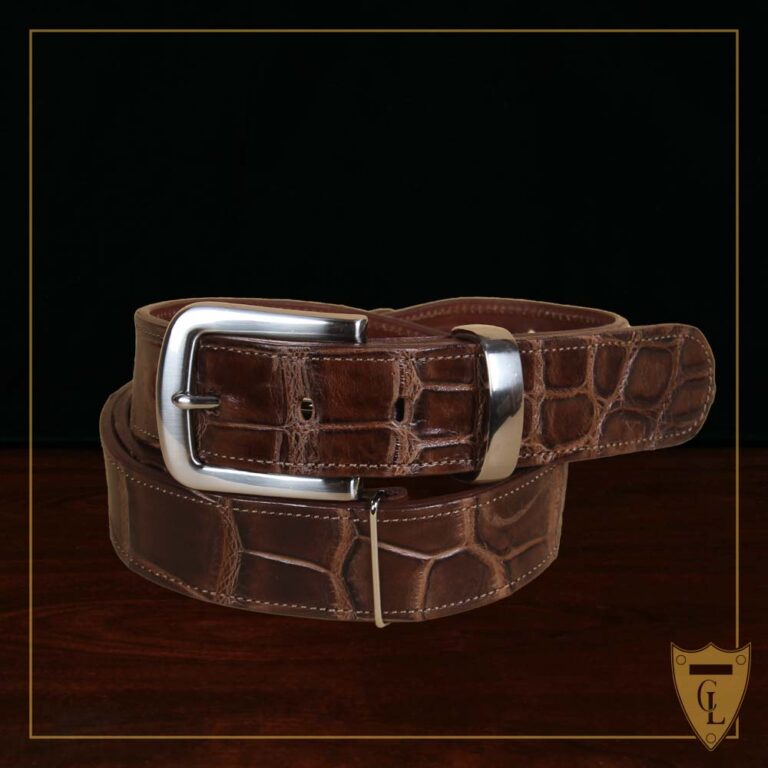 No. 4 Belt in brown American Alligator and silver buckle - ID 001 - front view on black background