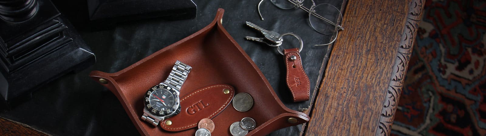 Home Category Header - No. 3 Dresser Caddy on antique table with wristwatch, loose change, and keys