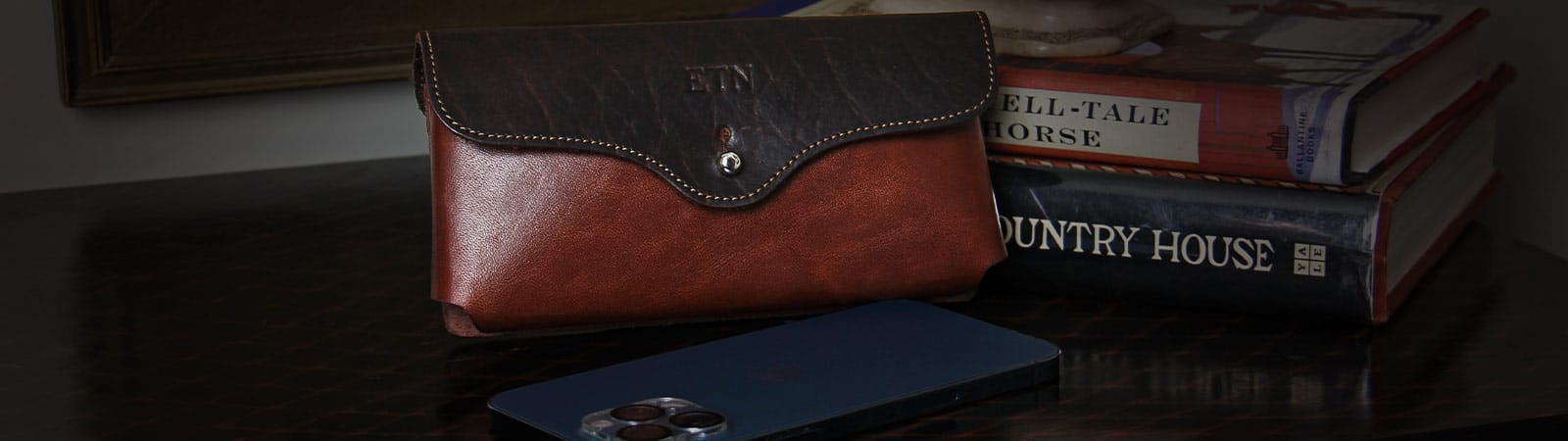 Phone Cases Category Header - No. 48XL Phone Holster in Vintage Brown American Steerhide with Tobacco Brown American Buffalo