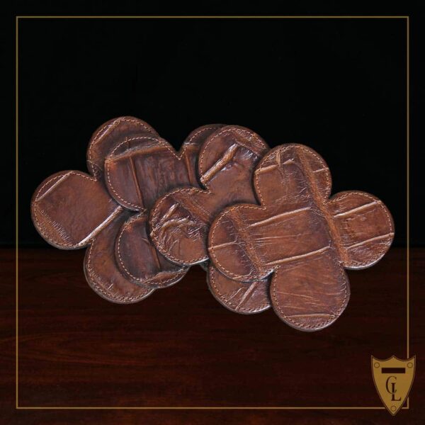 Clover-shaped coasters in Vintage Brown American Alligator - Set of 4 - ID 001 - front view of stack of four coasters front view on black background