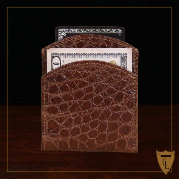 Front pocket wallet in brown American Alligator - ID 003 - front view on black background