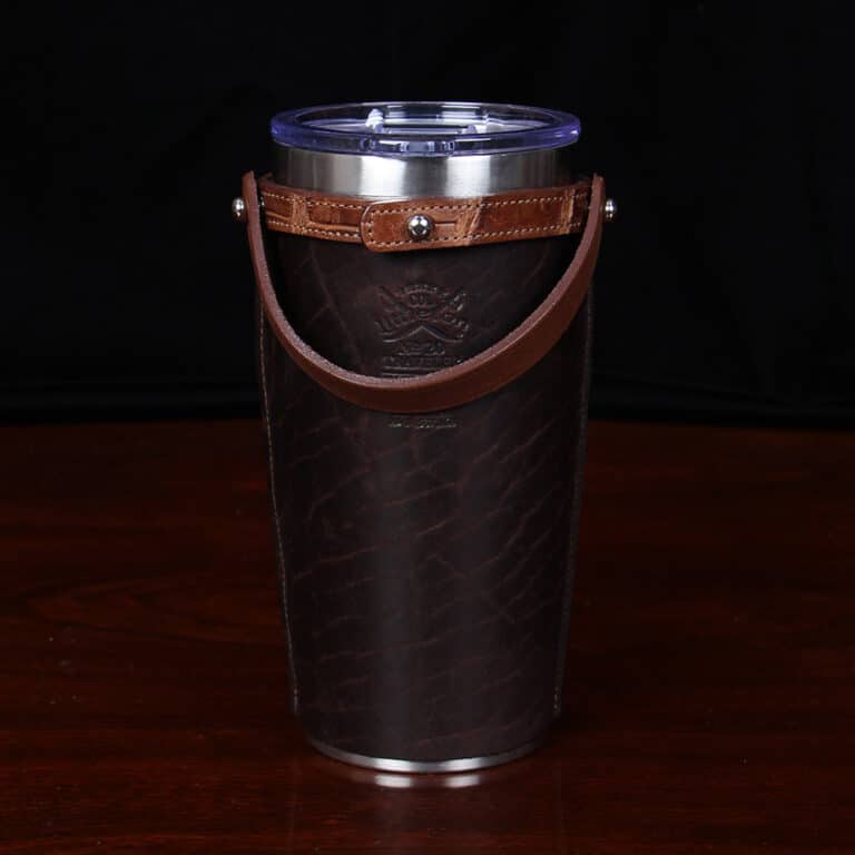 No. 20 Traveler Tumbler Sleeve Set in Tobacco Brown American Buffalo with American Alligator Trim - 20oz stainless steel tumbler - ID 001 - back view