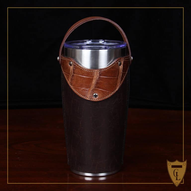 No. 20 Traveler Tumbler Sleeve Set in Tobacco Brown American Buffalo with American Alligator Trim - 20oz stainless steel tumbler - ID 001 - front view