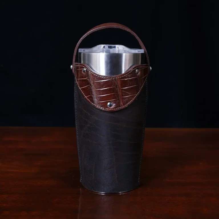 No. 20 Traveler Tumbler Sleeve Set in Tobacco Brown American Buffalo with American Alligator Trim - 20oz stainless steel tumbler - ID 001 - front view