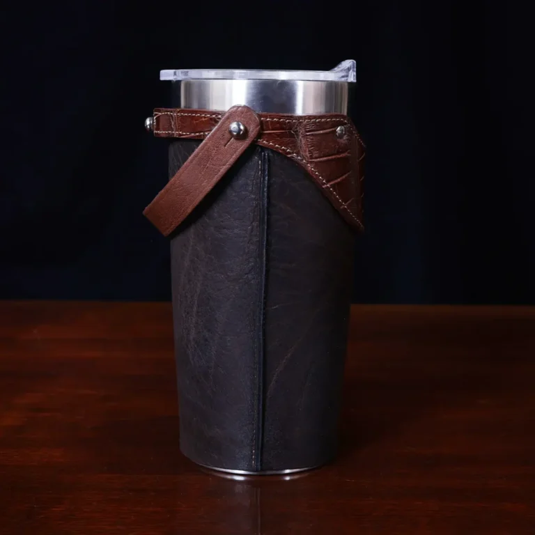 No. 20 Traveler Tumbler Sleeve Set in Tobacco Brown American Buffalo with American Alligator Trim - 20oz stainless steel tumbler - ID 001 - side view