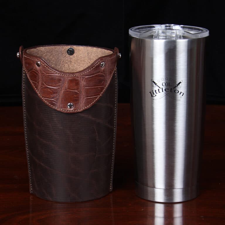 No. 20 Traveler Tumbler Sleeve Set in Tobacco Brown American Buffalo with American Alligator Trim - 20oz stainless steel tumbler - ID 002 - stainless tumbler cup on right with logo printed on front and empty alligator leather sleeve on right