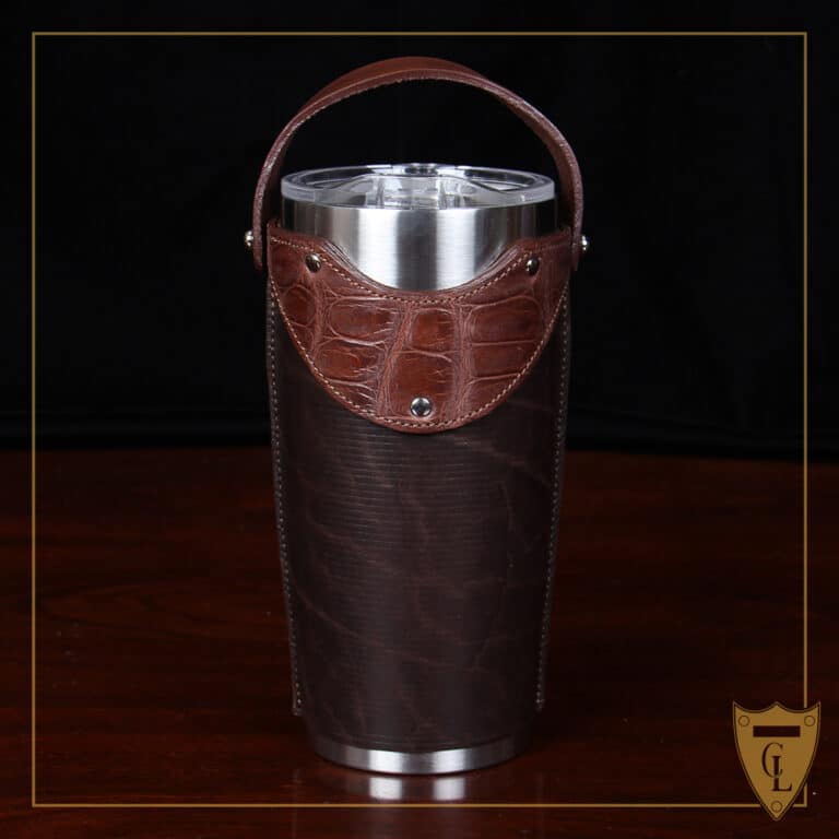 No. 20 Traveler Tumbler Sleeve Set in Tobacco Brown American Buffalo with American Alligator Trim - 20oz stainless steel tumbler - ID 002 - front view