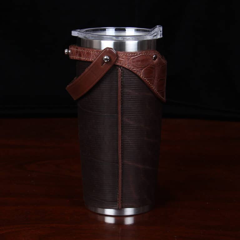 No. 20 Traveler Tumbler Sleeve Set in Tobacco Brown American Buffalo with American Alligator Trim - 20oz stainless steel tumbler - ID 002 - side view