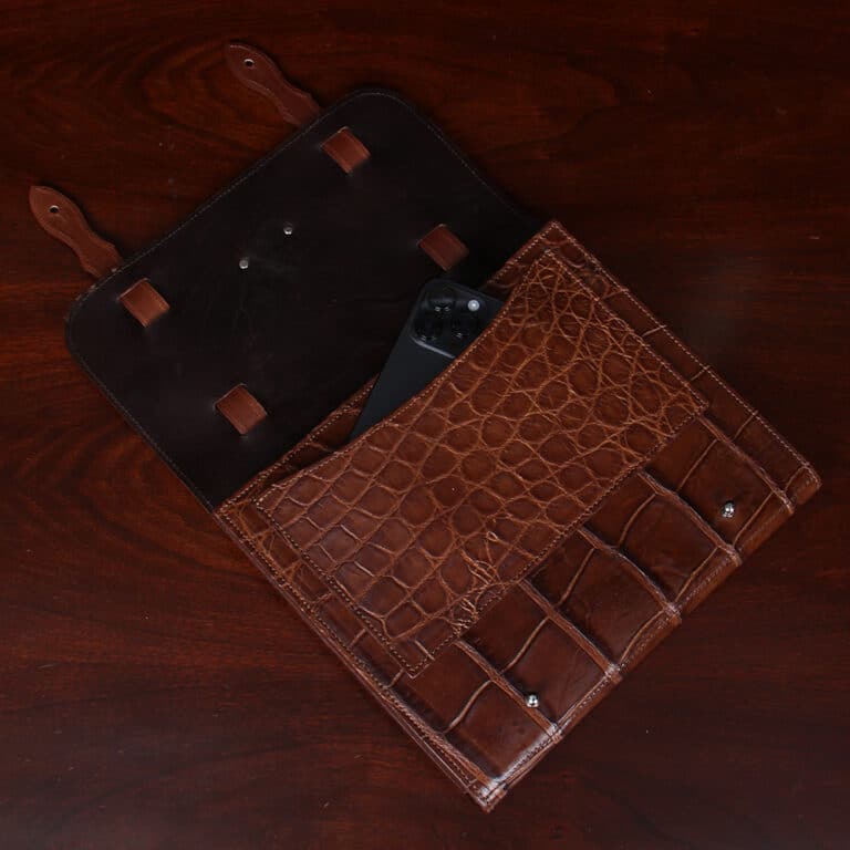 No. 33 Notebook in Vintage Brown American Alligator - ID 002 - open view showing front pocket with phone coming out